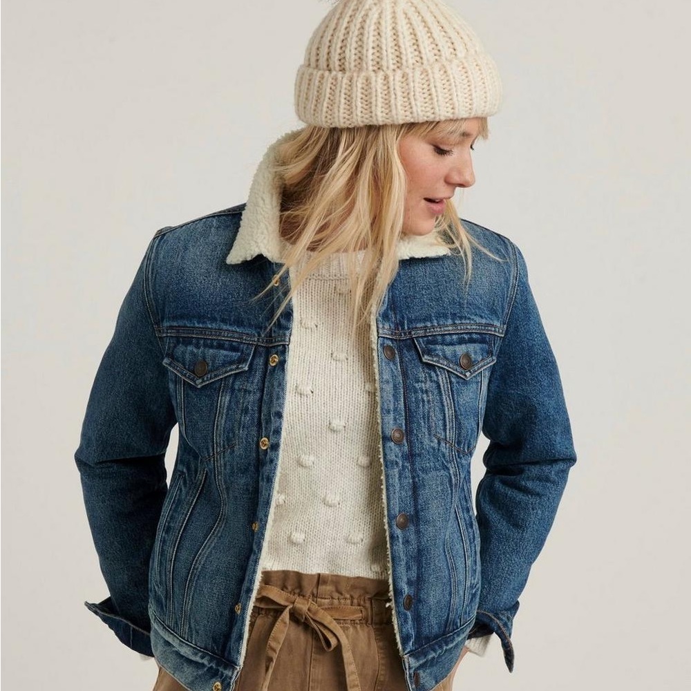 Lucky Brand Womens XS Faux Sherpa Tomboy Trucker Jean Jacket Denim Fleece Lined